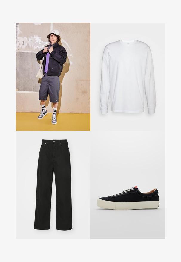 Schwarze Jacke, lila Hemd, graue Shorts und graue Turnschuhe. Accessoires sind eine weiße Mütze und ein schwarzes Bandana. Baumwollmaterialien, lässiges Design.; Weißes Langarm-T-Shirt aus Baumwolle. Rundhals-Design mit gerippten Bündchen und kleinem Logo auf dem linken Ärmel. Glatte Textur.; Schwarze Denim-Hosen mit geradem Bein, ausgestattet mit fünf Taschen, einem Knopfverschluss und einem klassischen Bund. Glatte Textur.; Schwarze Stoffturnschuhe mit weißen Schnürsenkeln, beigem Gummisohle und rotem Akzent an der Ferse. Runde Zehenform und minimale Nähdetails.