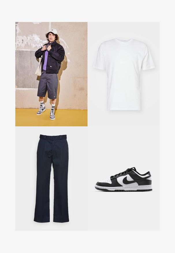 Crna jakna, ljubičasta košulja, sivi šortsevi i sivi tenisice. Dodaci uključuju bijelu kapu i crnu maramu. Pamuk, ležeran dizajn.; Bijela pamučna majica s kratkim rukavima, okruglim izrezom i glatkom teksturom. Jednostavan dizajn bez uzoraka ili grafika.; Tamno plave hlače ravnog kroja, napravljene od glatke tkanine, s običnim pojasom i bez vidljivih uzoraka ili metalnih dijelova.; Crno-bijeli Nike Dunk tenisice s kožnom gornjom površinom, perforiranim prstom, crnim vezicama i crnom gumenom potplatom s dizajnom rebrastog uzorka.