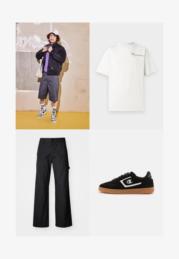 Chaqueta negra, camisa morada, pantalones cortos grises y zapatillas grises. Los accesorios incluyen una gorra blanca y un pañuelo negro. Materiales de algodón, diseño casual.; Camiseta blanca de algodón con mangas cortas, cuello redondo y texto impreso en negro en el pecho que dice "Carhartt Work in Progress 1989".; Pantalones anchos, negros, fabricados con un tejido durable. Cierre de botón y bolsillos laterales. Textura suave con un diseño limpio.; Zapatilla de ante negra con un logo blanco, diseño con cordones y suela de goma. Presenta una textura suave y forma redondeada.