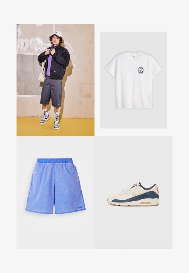 Jaqueta preta, camisa roxa, calções cinzentos e ténis cinzentos. Os acessórios incluem um boné branco e um lenço preto. Materiais em algodão, design casual.; Camiseta branca de algodão com mangas curtas, decote redondo e um logótipo circular preto no lado esquerdo do peito com um design estilizado.; Calções azul claro com uma cintura elástica, bolsos laterais e um pequeno detalhe de logo. O tecido parece suave com uma textura subtil.; Tênis com parte superior em couro creme e camurça azul-marinho, apresentando uma sola de ar visível, solado em borracha bege e um detalhe vermelho no calcanhar.