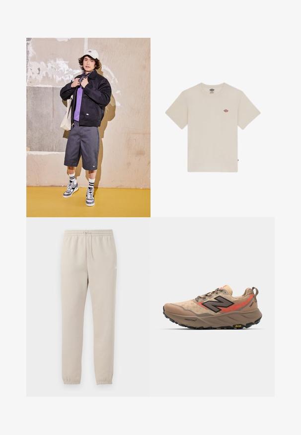 Veste noire, chemise violette, shorts gris et baskets grises. Les accessoires comprennent une casquette blanche et un bandana noir. Matériaux en coton, design décontracté.; T-shirt en coton couleur crème avec manches courtes, encolure ronde et un petit logo brodé multicolore sur la poitrine.; Pantalons de jogging beige clair fabriqués en tissu doux, avec une taille élastique, un cordon de serrage ajustable et des poignets fuselés au niveau des chevilles.; Baskets de course beiges avec tige en mesh, accents noirs et rouges, et semelle Vibram. Comprend un col rembourré et une surface texturée pour l'adhérence.