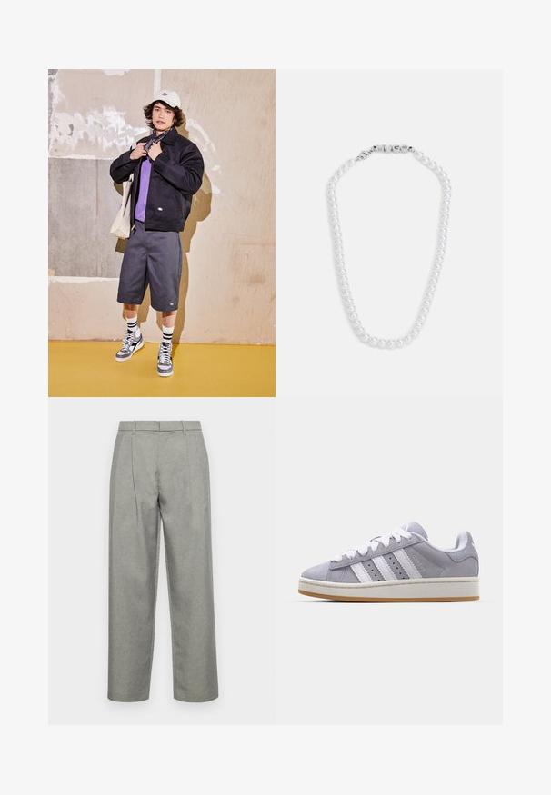 Black jacket, purple shirt, gray shorts, and gray sneakers. Accessories include a white cap and a black bandana. Cotton materials, casual design.; Black cotton T-shirt with a crew neckline, short sleeves, and a straight hem. Smooth texture; simple, unadorned design.; Gray tailored trousers made of textured fabric, featuring a straight-leg design, front pleats, and a standard waistband with belt loops.; Gray suede sneakers with white stripes, round toe, and rubber sole. Features perforations on the side and textured heel tab.; White pearl necklace with a smooth texture, featuring a silver clasp embossed with the word "HUGO." Evenly sized pearls in a classic design.