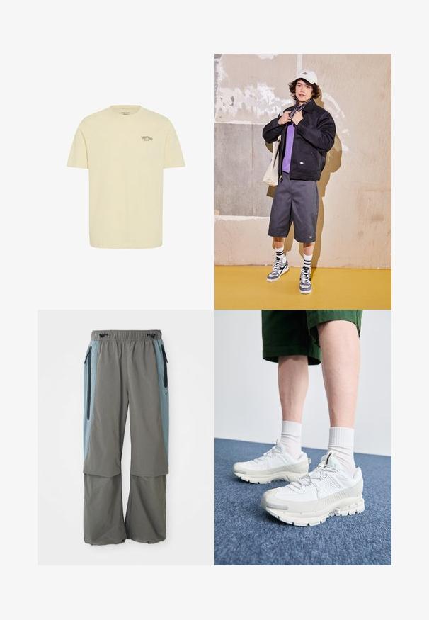 Black jacket, purple shirt, gray shorts, and gray sneakers. Accessories include a white cap and a black bandana. Cotton materials, casual design.; Cream-colored cotton t-shirt with short sleeves. Features "Danish Foodie Club" text on the left chest. Regular fit and smooth texture.; Gray outdoor pants with a wide leg design, featuring dark blue side panels and zippered pockets. Made of lightweight, breathable material.; White athletic shoes with textured overlays, a chunky sole, and gray accents. Worn with white crew socks and green shorts on a blue surface.