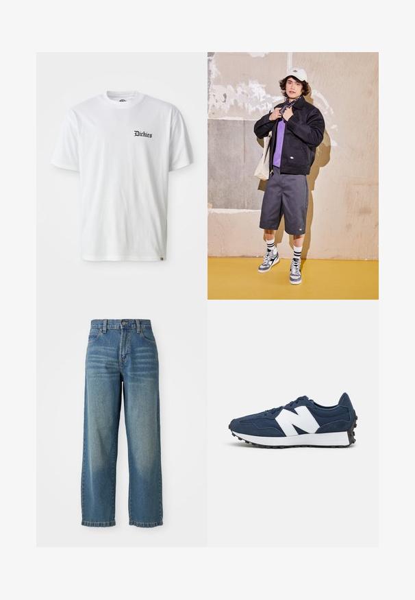 Black jacket, purple shirt, gray shorts, and gray sneakers. Accessories include a white cap and a black bandana. Cotton materials, casual design.; White cotton T-shirt with short sleeves and a crew neck. Features black "Dickies" logo printed on the left chest area.; Light blue denim wide-leg jeans with a high waist, five pockets, and a slightly faded finish. Features a button and zipper closure.; Navy blue athletic shoes with white logo, suede, and mesh upper, featuring a padded collar, flat laces, and textured black rubber sole.