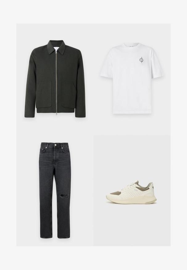 Veste en mélange de laine vert foncé avec un col, fermeture éclair à l'avant et deux grandes poches plaquées. Design simple avec une texture douce.; T-shirt en coton blanc avec une coupe décontractée, présentant un petit logo graphique noir sur le côté gauche de la poitrine. Manches courtes, col rond.; Jean en denim noir avec jambe droite, présentant un genou déchiré, un design à cinq poches et des accessoires en métal à la taille et aux poches.; Basket de sport blanche et beige clair, avec une tige en maille, des détails perforés et une semelle intermédiaire texturée avec un logo sur le talon.