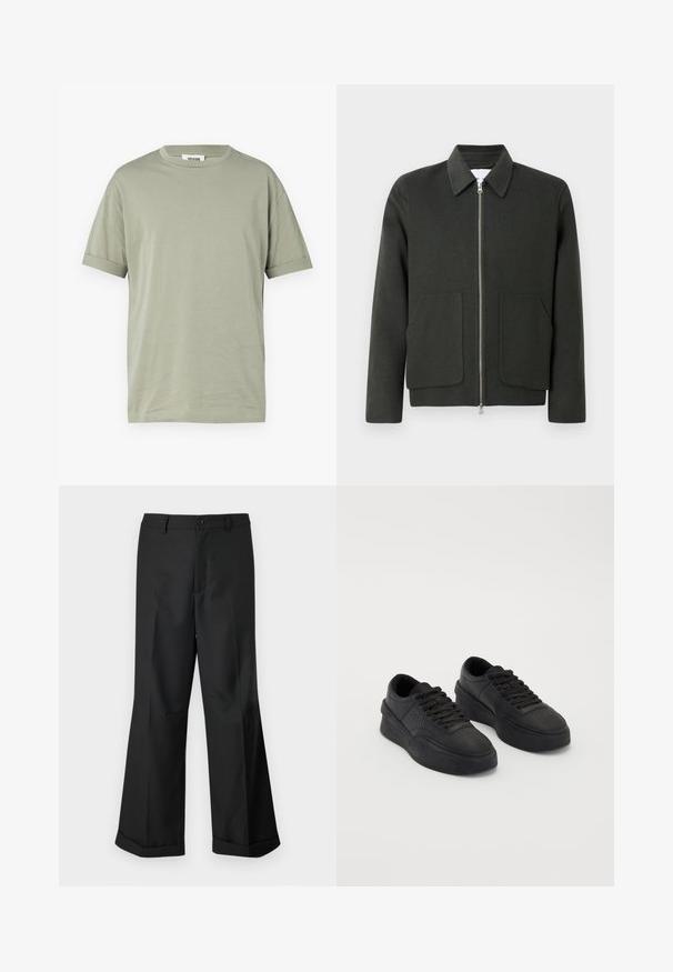 Mørkegrønn ullblandingsjakke med krage, frontglidelås og to store påsydde lommer. Enkelt design med myk tekstur.; Lysegrønn t-skjorte med kort erme og rund halskjering, laget av glatt bomullsstoff. Enkel design uten mønstre eller detaljer.; Svart vide buks med knappet midjebånd og oppbrettede nederkant, vist mot en enkel hvit bakgrunn.; Sorte sneakers laget av glatt lær med en polstret såle. Funksjoner inkluderer flate snøringer, perforeringer på tåpartiet, og en elegant silhuett.