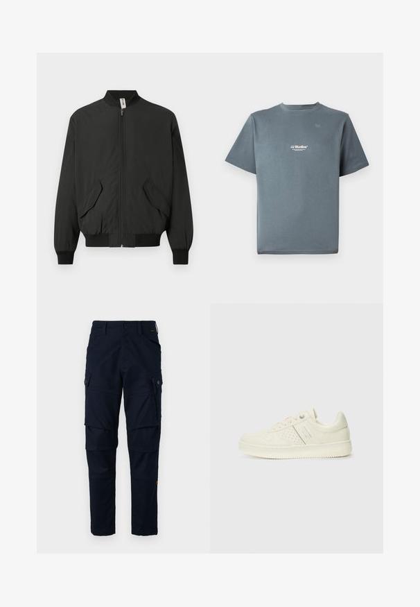 Casaco bomber preto com colarinho alto, fecho frontal em zíper, dois bolsos angulados e punhos e barra elásticos. Feito de um tecido leve e suave.; T-shirt cinza de algodão com decote redondo, mangas curtas e um pequeno logótipo branco "JJ Studios" no peito. Textura suave e corte descontraído.; Calças cargo em azul-marinho feitas de tecido durável, com múltiplos bolsos, um bolso com fecho de correr na lateral e detalhes de costura visíveis.; Sapatilha de cor creme com detalhes perfurados, atacadores e logotipo na lateral, apresentada contra um fundo branco liso.