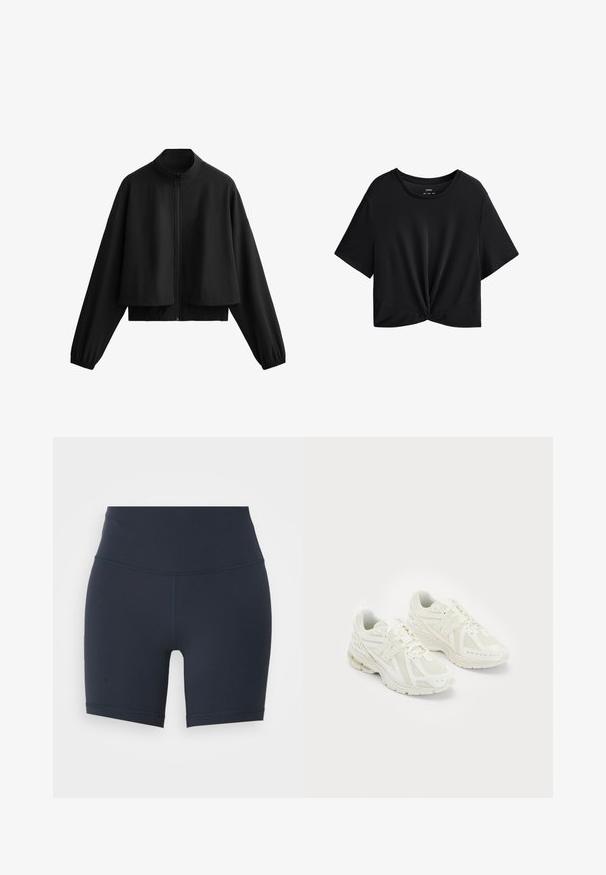 Jachetă neagră scurtă cu guler înalt, închidere cu fermoar, mâneci lărgite și manșete elastice. Textură netedă, design minimalist și fără modele vizibile.; Tricou scurt, negru, confecționat dintr-un material moale, cu guler rotund, mâneci scurte și un detaliu legat în față la tiv.; Shorts atletici de culoare bleu marin, cu talie înaltă, fabricate dintr-un material elastic, având o textură netedă și cusături contrastante de-a lungul cusăturilor.; Pantofi sport albi confecționați din materiale din plasă și sintetice, design cu șireturi, guler căptușit și talpă texturată pentru aderență. Construcție ușoară.