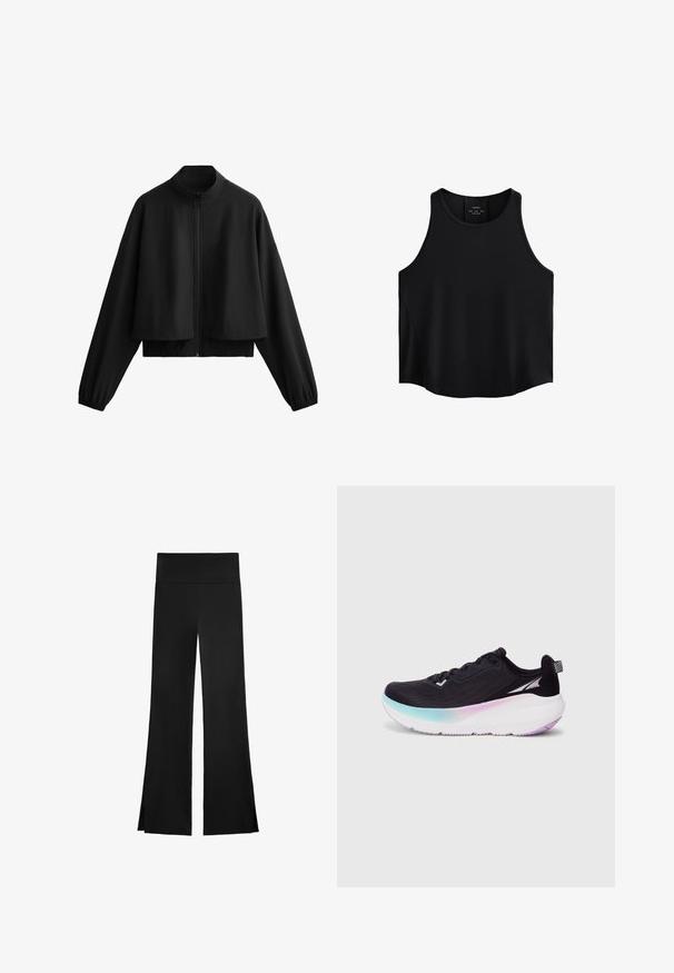 Black cropped jacket with a high collar, zip closure, wide sleeves, and elastic cuffs. Smooth texture, minimalist design, and no visible patterns.; Black sleeveless top made of smooth fabric, featuring a rounded neckline, straight cut, and side panels with a subtle texture.; Black pants with a wide-leg design, featuring a high waistband and side slits for ease of movement. Made from a smooth, stretchy fabric.; Black running shoe with a lightweight mesh upper, gradient sole transitioning from light blue to purple, and reflective accents.