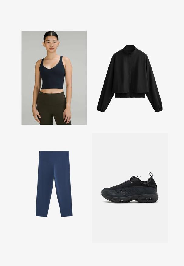Fekete rövidített dzseki magas gallérral, cipzárral záródik, széles ujjakkal és elasztikus mandzsettákkal. Simaság jellemzi, minimalista dizájnnal és látható minták nélkül.; Sötét kék, v nyakú, rövidített sporttop, vékony pántokkal, rugalmas anyagból, magas derekú olajzöld leggingsszel párosítva.; Tengeréskék, térd térd fölé érő leggings, rugalmas anyagból, széles, lapos derékpánttal és sima textúrával, a kényelem és a mozgás szabadsága érdekében tervezték.; Fekete sportcipők texturált hálós felsőrésszel, gumitalppal és látható légpárnázással. Jellemzői közé tartoznak a pántok és a perforált díszítések, amelyek fokozzák a légáteresztést.
