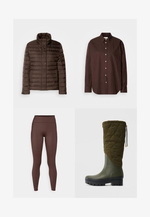 Brown puffer jacket with a high collar, quilted design, front snap button closure, and side pockets. Smooth, shiny fabric texture.; Brown button-up shirt in cotton fabric, featuring long sleeves, a chest pocket, white buttons, and a classic collar design.; Brown high-waisted leggings made from smooth, stretchy fabric. Features a fitted design and a seamless look along the seams.; Knee-high green waterproof boot with quilted fabric upper section, black chunky sole, and adjustable drawstring at the top.