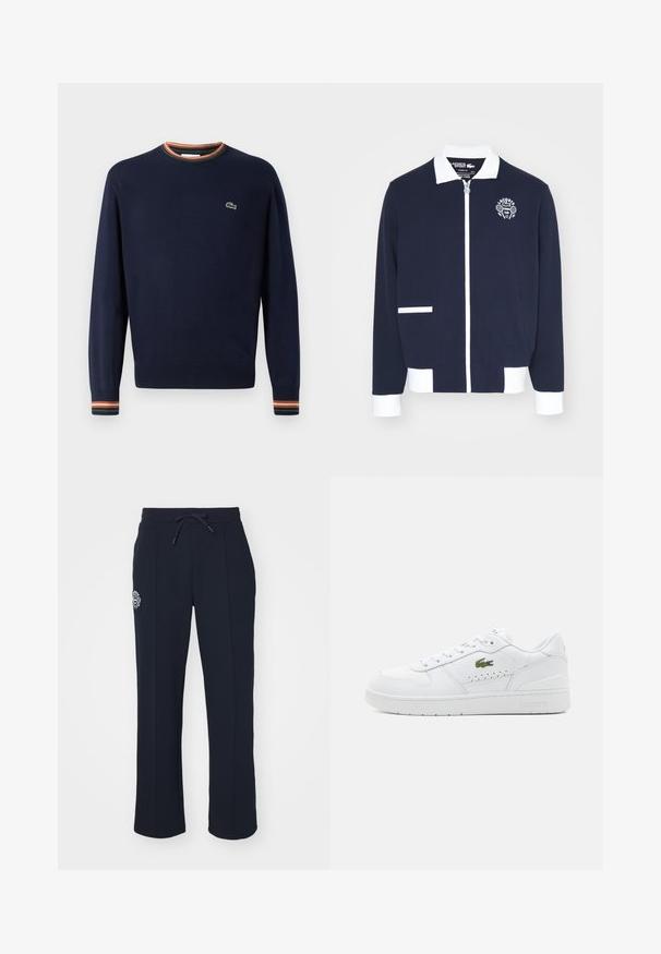 Granatowa kurtka zapinana na zamek, wykonana z teksturowanej tkaniny, z białymi akcentami, kołnierzem oraz haftowanym logo klubu tenisowego po lewej stronie klatki piersiowej.; Granatowy sweter z okrągłym dekoltem, ściągaczami z paskami w kolorze zielonym, pomarańczowym i białym oraz małym haftowanym logo na piersi.; Granatowe spodnie dresowe wykonane z miękkiego materiału, z elastycznym pasem ze sznurkiem i bocznymi plisami. Zawierają małe haftowane logo na lewej udzie.; Białe skórzane sneakersy z perforowanymi akcentami, płaskimi sznurowadłami i małym zielonym logo z boku. Gumowa podeszwa i wyściełany kołnierz dla wygody.