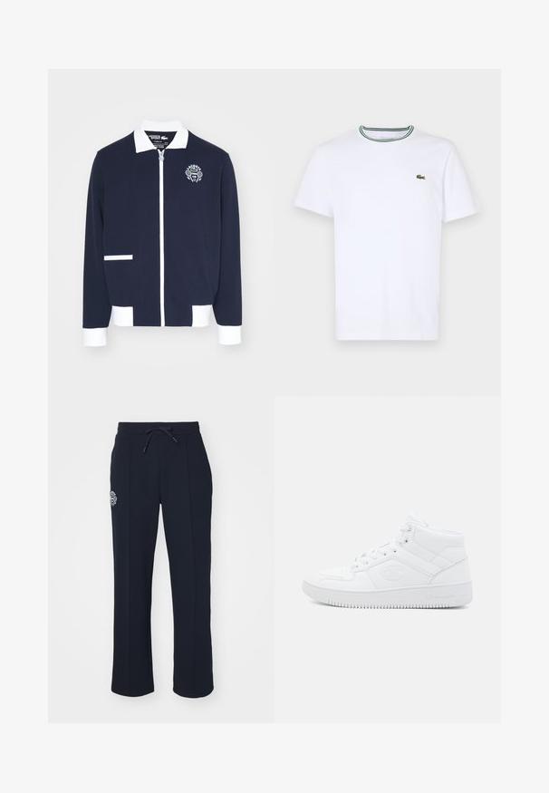 Navy zipped jacket made of textured fabric, featuring white accents, a collar, and an embroidered tennis club logo on the left chest.; White cotton short-sleeve T-shirt with a ribbed collar featuring green and black stripes; small green embroidered logo on left chest.; Navy blue sweatpants made of soft fabric, featuring a drawstring waist and side pleats. Includes a small embroidered logo on the left thigh.; White high-top sneakers made of synthetic material. Features include a textured upper, perforated toe, lace-up design, and rubber sole.