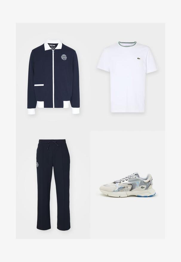 Giacca navy con zip realizzata in tessuto testurizzato, con accenti bianchi, colletto e logo ricamato di un club di tennis sul lato sinistro del petto.; T-shirt bianco a maniche corte in cotone con colletto a coste, caratterizzato da strisce verdi e nere; piccolo logo ricamato verde sul petto sinistro.; Pantaloni della tuta blu navy realizzati in tessuto morbido, con vita regolabile tramite cordoncino e pieghe laterali. Presentano un piccolo logo ricamato sulla coscia sinistra.; Sneakers Lacoste con una combinazione di suede grigio e mesh, con un accento blu, dettagli testurizzati e suola bianca. Include il testo del marchio sul lato.