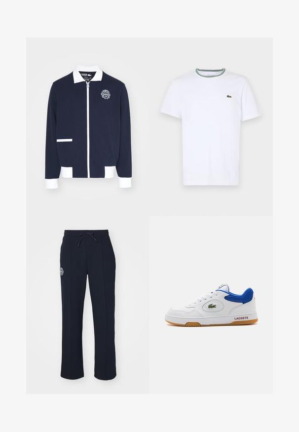 Marineblå jakke med glidelås laget av teksturert stoff, med hvite detaljer, krage og en brodert tennis klubb-logo på venstre bryst.; Hvit bomulls T-skjorte med korte ermer og ribbet krage som har grønne og svarte striper; liten grønn brodert logo på venstre bryst.; Marineblå joggebukser laget av mykt stoff, med snor i livet og sidelommer. Inkluderer en liten brodert logo på venstre lår.; Hvite lær sneakers med blå mesh-detaljer, rund tå, gummisåle og gummibase. Har brodert logo og merkevare navn på siden.