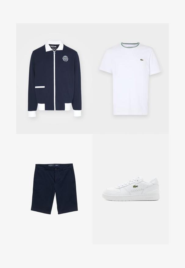 Navy zipped jacket made of textured fabric, featuring white accents, a collar, and an embroidered tennis club logo on the left chest.; White cotton short-sleeve T-shirt with a ribbed collar featuring green and black stripes; small green embroidered logo on left chest.; Navy blue shorts made of cotton blend, featuring a button closure, side pockets, and a straight leg design. Size M label visible.; White leather sneakers with perforated accents, flat laces, and a small green logo on the side. Rubber sole and padded collar for comfort.