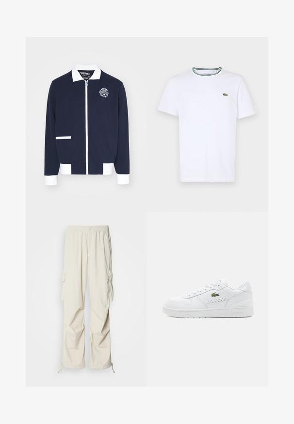 Marinblå zip-jacka gjord av texturerat tyg, med vita accenter, krage och en broderad tennis klubb-logotyp på vänster bröst.; Vit bomullskortärmad T-shirt med ribbad krage som har gröna och svarta ränder; liten grön broderad logotyp på vänster bröst.; Lacoste Cargobyxor - hammam; Vita lädersneakers med perforerade detaljer, platta snören och en liten grön logga på sidan. Gummisula och vadderad krage för komfort.