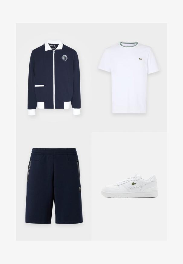Navy zipped jacket made of textured fabric, featuring white accents, a collar, and an embroidered tennis club logo on the left chest.; White cotton short-sleeve T-shirt with a ribbed collar featuring green and black stripes; small green embroidered logo on left chest.; Navy blue shorts made of soft fabric, featuring a ribbed waistband, side zip pockets, and a small logo patch on the lower left leg.; White leather sneakers with perforated accents, flat laces, and a small green logo on the side. Rubber sole and padded collar for comfort.