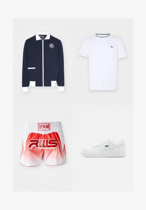 Marinblå zip-jacka gjord av texturerat tyg, med vita accenter, krage och en broderad tennis klubb-logotyp på vänster bröst.; Vit bomullskortärmad T-shirt med ribbad krage som har gröna och svarta ränder; liten grön broderad logotyp på vänster bröst.; Röda och vita gradient Muay Thai-shorts med röd "VENUM"-etikett på midjebandet och stor glänsande röd "RWS"-logotyp i mitten på baksidan.; Vita lädersneakers med perforerade detaljer, platta snören och en liten grön logga på sidan. Gummisula och vadderad krage för komfort.