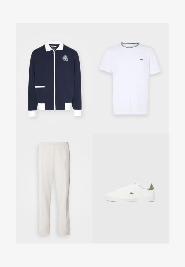 Casaco de fecho éclair em tom de azul-marinho, feito de tecido texturizado, com detalhes em branco, gola e um logótipo bordado de clube de ténis no peito esquerdo.; T-shirt branco de algodão de mangas curtas com colarinho canelado, apresentando riscas verdes e pretas; pequeno logotipo verde bordado no lado esquerdo do peito.; Lacoste Calças de fato de treino - hammam; Tênis brancos com uma textura suave, apresentando um detalhe verde no calcanhar e um pequeno logotipo de crocodilo bordado na lateral.