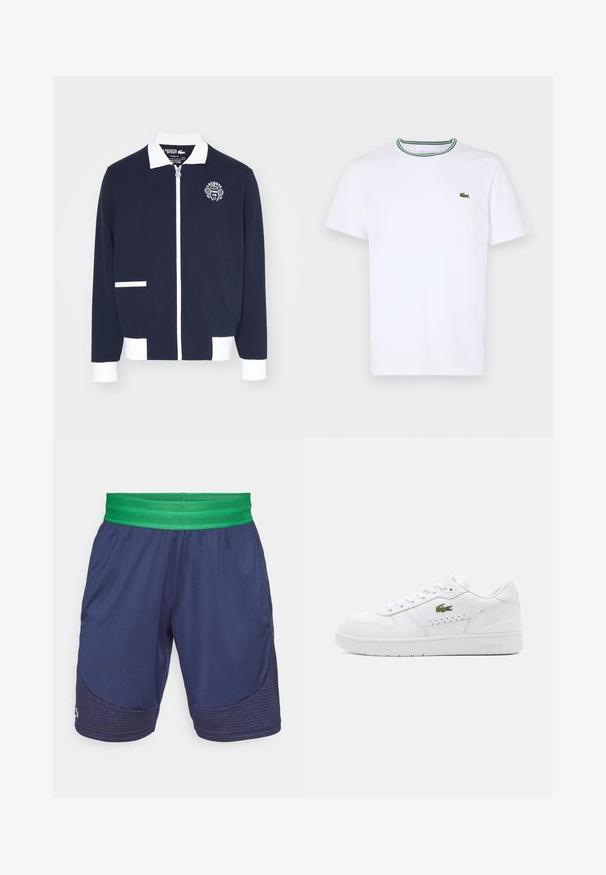 Chaqueta navy con cremallera hecha de tejido texturizado, con detalles en blanco, un collar y un logo bordado de un club de tenis en el lado izquierdo del pecho.; Camiseta de algodón blanca de manga corta con cuello de canalé que presenta rayas verdes y negras; pequeño logo verde bordado en el lado izquierdo del pecho.; Pantalones cortos atléticos azul marino con un dobladillo negro texturizado y una cinturilla elástica verde. Hechos de tela ligera, presentan un diseño de corte holgado.; Zapatillas de cuero blancas con acentos perforados, cordones planos y un pequeño logo verde en el lateral. Suela de goma y cuello acolchado para mayor comodidad.