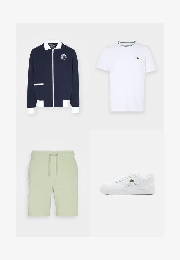 Navy zipped jacket made of textured fabric, featuring white accents, a collar, and an embroidered tennis club logo on the left chest.; White cotton short-sleeve T-shirt with a ribbed collar featuring green and black stripes; small green embroidered logo on left chest.; GANT REG SHIELD - Tracksuit bottoms - milky matcha; White leather sneakers with perforated accents, flat laces, and a small green logo on the side. Rubber sole and padded collar for comfort.