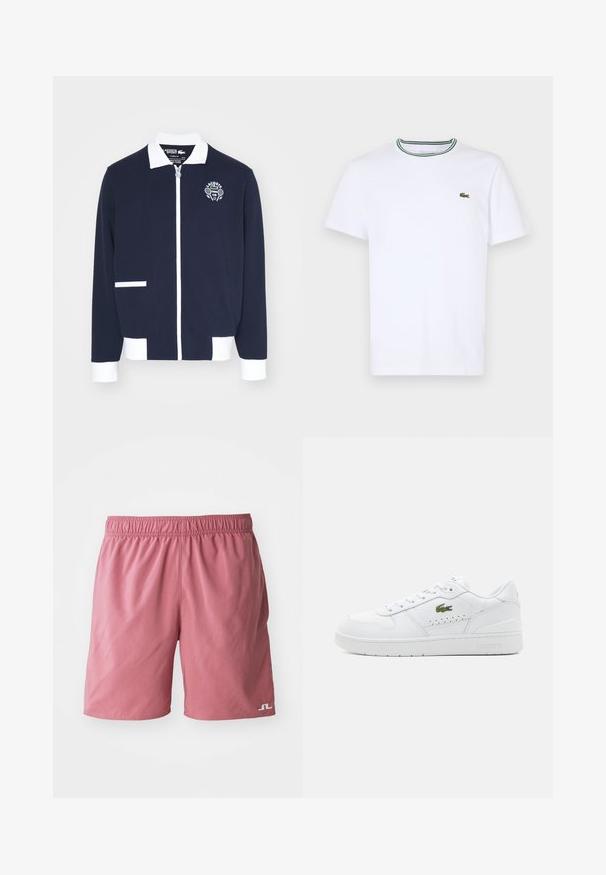 Marinblå zip-jacka gjord av texturerat tyg, med vita accenter, krage och en broderad tennis klubb-logotyp på vänster bröst.; Vit bomullskortärmad T-shirt med ribbad krage som har gröna och svarta ränder; liten grön broderad logotyp på vänster bröst.; Rosa badshorts med elastisk midja, slät textur och en liten vit logotyp på nedre vänstra benet.; Vita lädersneakers med perforerade detaljer, platta snören och en liten grön logga på sidan. Gummisula och vadderad krage för komfort.