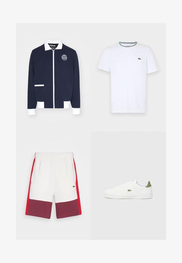 Chaqueta navy con cremallera hecha de tejido texturizado, con detalles en blanco, un collar y un logo bordado de un club de tenis en el lado izquierdo del pecho.; Camiseta de algodón blanca de manga corta con cuello de canalé que presenta rayas verdes y negras; pequeño logo verde bordado en el lado izquierdo del pecho.; Lacoste ELEVATED COLORBLOCK - Pantalones deportivos - flour/red-spleen; Zapatillas blancas con una textura suave, que presentan un acento verde en el talón y un pequeño logo de cocodrilo bordado en el lateral.