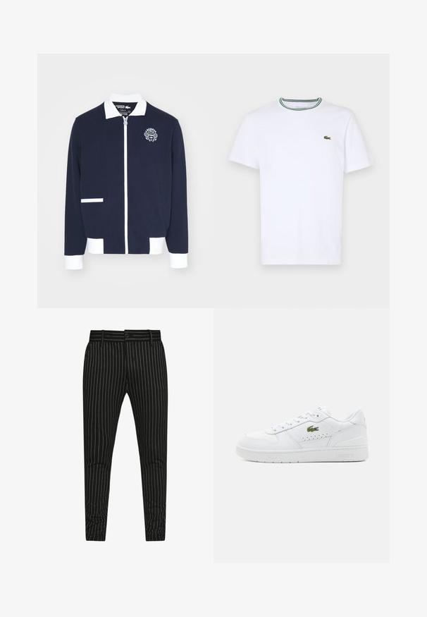 Navy zipped jacket made of textured fabric, featuring white accents, a collar, and an embroidered tennis club logo on the left chest.; White cotton short-sleeve T-shirt with a ribbed collar featuring green and black stripes; small green embroidered logo on left chest.; Black striped trousers featuring vertical white pinstripes, a slim fit design, and a button closure with belt loops for adjustable sizing.; White leather sneakers with perforated accents, flat laces, and a small green logo on the side. Rubber sole and padded collar for comfort.