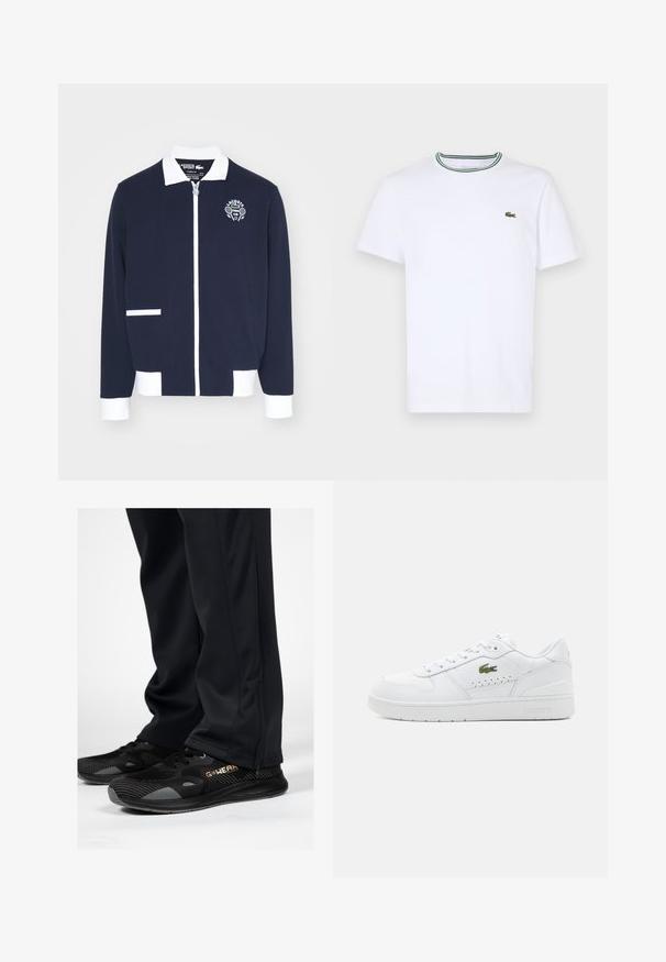Marine blauwe zipjack gemaakt van gestructureerde stof, met witte accenten, een kraag en een geborduurd tennisclublogo op de linkerborst.; Witte katoen T-shirt met korte mouwen en een geribde kraag met groene en zwarte strepen; klein groen geborduurd logo op de linkerborst.; Zwarte sportbroek met een gestructureerd zijpaneel, gecombineerd met zwart-grijze sneakers met meshaccenten en oranje "GWEAR" branding.; Witte leren sneakers met geperforeerde accenten, platte veters en een klein groen logo aan de zijkant. Rubberen zool en gewatteerde kraag voor comfort.