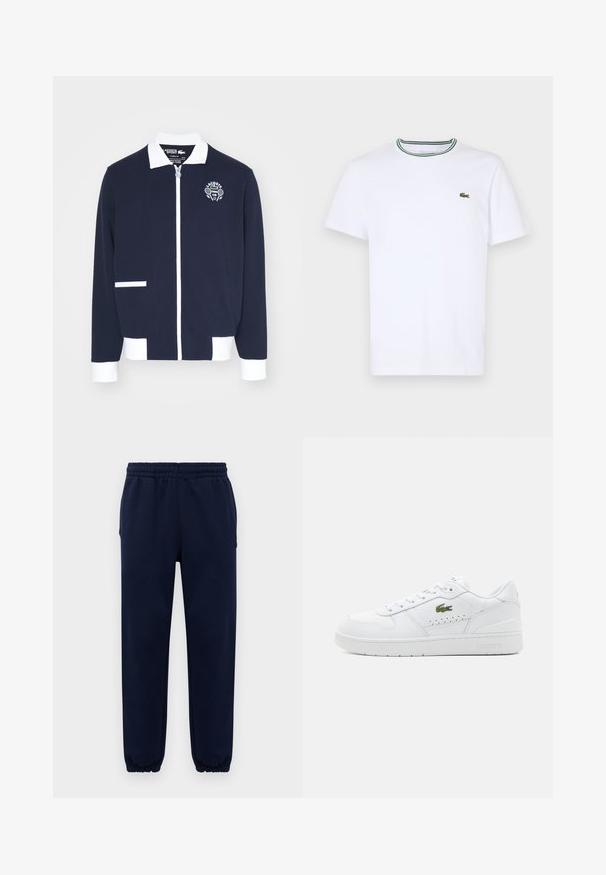 Námořnická bunda na zip vyrobená z texturované látky, se bílými akcenty, límcem a vyšitým logem tenisového klubu na levé hrudi.; Bílý bavlněný tričko s krátkým rukávem a lemovaným límečkem se zelenými a černými pruhy; malé zelené vyšívané logo na levé hrudi.; Tmavě modré tepláky s elastickým pasem a manžetami, s rovnými nohavicemi, vystavené na jednobarevném světlém pozadí.; Bílé kožené tenisky s perforovanými detaily, plochými tkaničkami a malým zeleným logem na boku. Gumová podrážka a polstrovaný límec pro pohodlí.