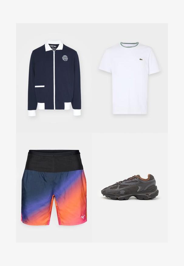 Marine blauwe zipjack gemaakt van gestructureerde stof, met witte accenten, een kraag en een geborduurd tennisclublogo op de linkerborst.; Witte katoen T-shirt met korte mouwen en een geribde kraag met groene en zwarte strepen; klein groen geborduurd logo op de linkerborst.; Heren sportshorts met een verloopontwerp van marineblauw naar oranje, met een zwarte tailleband en een zachte, lichte stof.; Lacoste sneakers in donkergrijs van mesh en synthetisch materiaal, met een gestructureerde zool en bruine accenten op de kraag en branding.