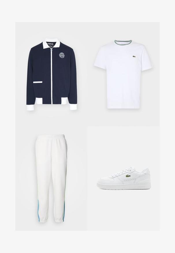 Granatowa kurtka zapinana na zamek, wykonana z teksturowanej tkaniny, z białymi akcentami, kołnierzem oraz haftowanym logo klubu tenisowego po lewej stronie klatki piersiowej.; Biała bawełniana koszulka T-shirt z krótkim rękawem i prążkowanym kołnierzykiem, ozdobiona zielonymi i czarnymi paskami; małe zielone haftowane logo po lewej stronie klatki piersiowej.; Białe dresy z elastycznym paskiem, z zielonymi i niebieskimi paskami po bokach. Miękka tkanina z zwężającym się fasonem nogawki.; Białe skórzane sneakersy z perforowanymi akcentami, płaskimi sznurowadłami i małym zielonym logo z boku. Gumowa podeszwa i wyściełany kołnierz dla wygody.