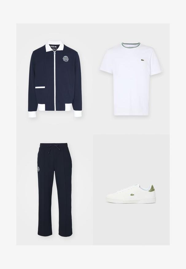 Marineblå jakke med glidelås laget av teksturert stoff, med hvite detaljer, krage og en brodert tennis klubb-logo på venstre bryst.; Hvit bomulls T-skjorte med korte ermer og ribbet krage som har grønne og svarte striper; liten grønn brodert logo på venstre bryst.; Marineblå joggebukser laget av mykt stoff, med snor i livet og sidelommer. Inkluderer en liten brodert logo på venstre lår.; Hvite joggesko med en glatt tekstur, med en grønn detalj på hælen og en liten brodert krokodillelogo på siden.