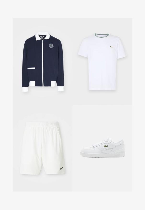 Jūros laivyno užtrauktuku užsegama striukė, pagaminta iš tekstūruoto audinio, su baltais akcentais, apykakle ir išsiuvinėtu teniso klubo logotipu kairėje krūtinės pusėje.; Balta medvilninė trumpo rankovės marškinėliai su įsiūtu apykakle, dekoruota žaliais ir juodais dryžiais; mažas žalias siuvinėtas logotipas kairėje krūtinės pusėje.; Balui sportiniai šortai su elastinga juosta ir juodu logotipu apatinėje kairėje pusėje. Pagaminti iš lygaus, lengvo audinio.; Baltos odinės sportbačiai su perforuotais akcentais, plokščiais raišteliais ir mažu žaliu logotipu šone. Guminis padas ir paminkštintas apykaklė komfortui.