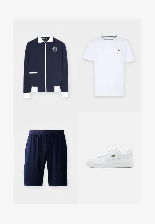 Casaco de fecho éclair em tom de azul-marinho, feito de tecido texturizado, com detalhes em branco, gola e um logótipo bordado de clube de ténis no peito esquerdo.; T-shirt branco de algodão de mangas curtas com colarinho canelado, apresentando riscas verdes e pretas; pequeno logotipo verde bordado no lado esquerdo do peito.; Calções até ao joelho, de cor azul-marinho, com uma faixa elástica à cintura com padrão quadriculado roxo, exibidos sobre um fundo branco.; Sapatilhas brancas de pele com detalhes perfurados, atacadores planos e um pequeno logo verde na lateral. Sola de borracha e colarinho acolchoado para maior conforto.
