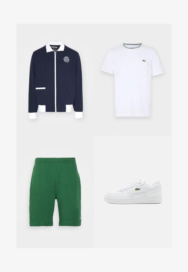 Navyfarbige, gefütterte Jacke aus strukturiertem Material mit weißen Akzenten, einem Kragen und einem gestickten Tennisclub-Logo auf der linken Brust.; Weißes Baumwoll-T-Shirt mit kurzen Ärmeln und geripptem Kragen, der grüne und schwarze Streifen hat; kleines grünes gesticktes Logo auf der linken Brust.; Grüne Shorts mit elastischem Bund und Seitentaschen, mit einem kleinen Logo am linken Bein. Glatte Textur, knielang.; Weiße Leder-Sneaker mit perforierten Akzenten, flachen Schnürsenkeln und einem kleinen grünen Logo an der Seite. Gummisohle und gepolsterter Kragen für Komfort.