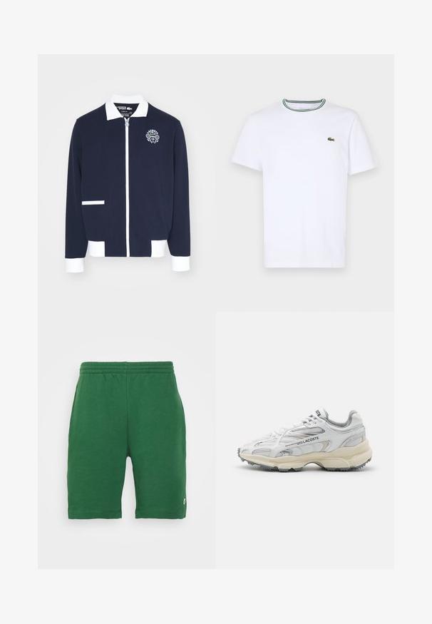 Navyfarbige, gefütterte Jacke aus strukturiertem Material mit weißen Akzenten, einem Kragen und einem gestickten Tennisclub-Logo auf der linken Brust.; Weißes Baumwoll-T-Shirt mit kurzen Ärmeln und geripptem Kragen, der grüne und schwarze Streifen hat; kleines grünes gesticktes Logo auf der linken Brust.; Grüne Shorts mit elastischem Bund und Seitentaschen, mit einem kleinen Logo am linken Bein. Glatte Textur, knielang.; Weiße Sportschuhe mit grauen Akzenten, Obermaterial aus Mesh und Synthetik, Schnürdesign und rutschfester Gummisohle mit Strukturmustern.