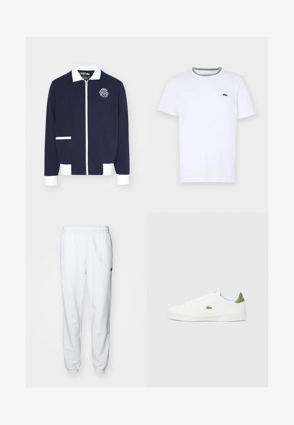 Giacca navy con zip realizzata in tessuto testurizzato, con accenti bianchi, colletto e logo ricamato di un club di tennis sul lato sinistro del petto.; T-shirt bianco a maniche corte in cotone con colletto a coste, caratterizzato da strisce verdi e nere; piccolo logo ricamato verde sul petto sinistro.; Pantaloni da tuta bianchi in pile con elastico in vita e alle caviglie, con un accento di logo verde sul lato destro. Texture morbida e liscia.; Sneakers bianchi con una texture liscia, caratterizzate da un accento verde sul tallone e un piccolo logo ricamato a forma di coccodrillo sul lato.