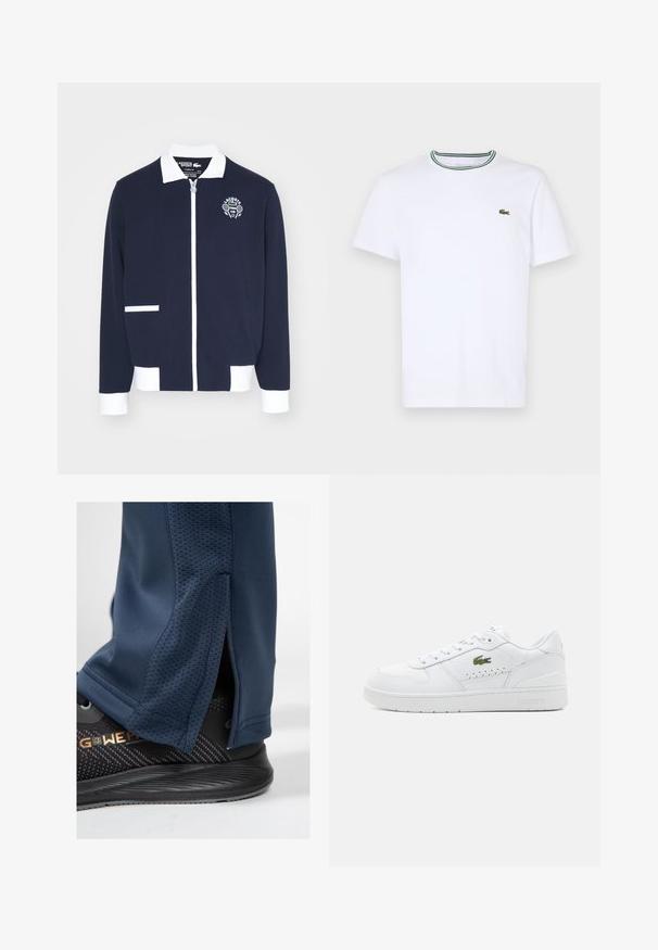 Marine blauwe zipjack gemaakt van gestructureerde stof, met witte accenten, een kraag en een geborduurd tennisclublogo op de linkerborst.; Witte katoen T-shirt met korte mouwen en een geribde kraag met groene en zwarte strepen; klein groen geborduurd logo op de linkerborst.; Marineblauwe sportbroeken met getextureerde zijkanten en ritsen bij de enkels, gecombineerd met zwarte sportschoenen met een patroon.; Witte leren sneakers met geperforeerde accenten, platte veters en een klein groen logo aan de zijkant. Rubberen zool en gewatteerde kraag voor comfort.