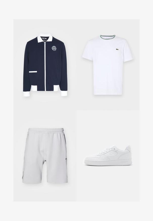 Jūras zila jaciņa ar rāvējslēdzēju, izgatavota no teksturēta auduma, ar baltām akcentēm, apkakli un izšūtu tenisa kluba logo kreisajā krūtī.; Balta kokvilnas T-kreklā ar īsām piedurknēm un ribotu apkakli, kas rotāta ar zaļām un melnām svītrām; neliels zaļš izšūts logo kreisajā krūtī.; Baltie sporta šorti, izgatavoti no viegla materiāla, kam ir elastīga jostasvieta un sānu kabatas, ar smalku logo detalizāciju priekšā.; Baldais ādas treneri ar perforētu purngala daļu, plakanām šņorēm un mīkstinātu līkumu. Iekļauj iespiestu logo sānos un teksturētu gumijas zoli.