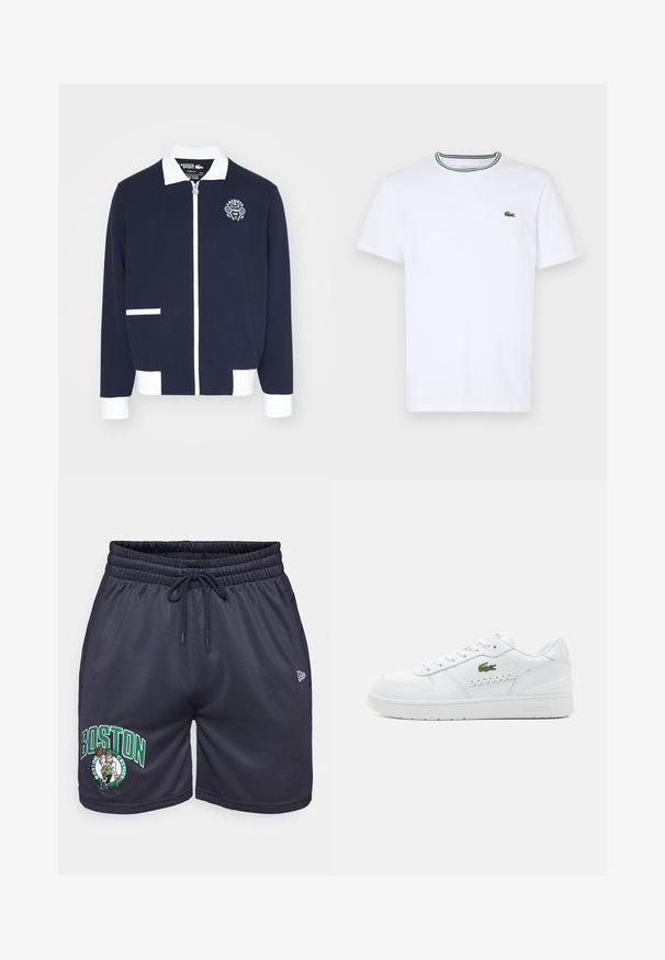 Jūros laivyno užtrauktuku užsegama striukė, pagaminta iš tekstūruoto audinio, su baltais akcentais, apykakle ir išsiuvinėtu teniso klubo logotipu kairėje krūtinės pusėje.; Balta medvilninė trumpo rankovės marškinėliai su įsiūtu apykakle, dekoruota žaliais ir juodais dryžiais; mažas žalias siuvinėtas logotipas kairėje krūtinės pusėje.; Jūriniai tinkliniai sportiniai šortai su elastingu juosmeniu ir raišteliu. Savybėse yra "BOSTON" ir Celtics logotipas žaliame ir baltame siuvinėjime.; Baltos odinės sportbačiai su perforuotais akcentais, plokščiais raišteliais ir mažu žaliu logotipu šone. Guminis padas ir paminkštintas apykaklė komfortui.