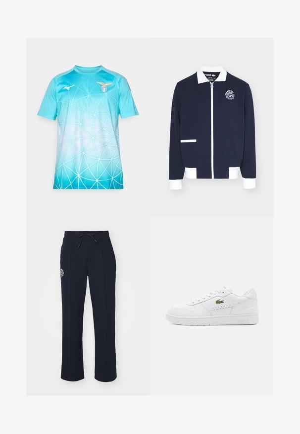 Tumes sinine lukuga jakk, mis on valmistatud tekstuuriga kangast, valgete aktsentidega, kraega ja vasakul rinnal on tikitud tenniseklubi logo.; Hele sinine spordisärk, millel on valge geomeetriline veebimuster, S.S. Lazio logo paremal rinnal ja Mizuno logo vasakul rinnal.; Tumesinine sportpüksid pehmest kangast, millel on kummipaelaga vöökoht ja külgplekid. Vasakul reitel on väike tikitud logo.; Valged nahast jooksujalatsid, millel on perforatsioonid, lamedad paelad ja väike roheline logo küljel. Kummist tallad ja pehmendusega krae mugavuse tagamiseks.