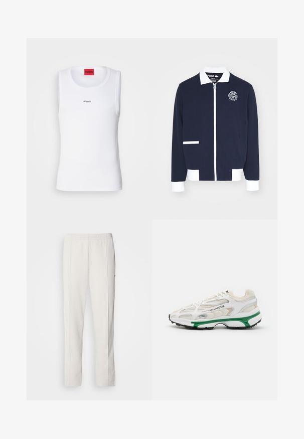 Navy zipped jacket made of textured fabric, featuring white accents, a collar, and an embroidered tennis club logo on the left chest.; White tank top made of stretch fabric, featuring a round neckline, sleeveless design, and a small black "HUGO" logo on the front.; Lacoste Tracksuit bottoms - hammam; White sneaker with green accent and black rubber sole. Features mesh and synthetic panels, with a textured finish and visible stitching.