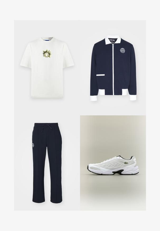 Veste zippée navy en tissu texturé, avec des accents blancs, un col et un logo de club de tennis brodé sur la poitrine gauche.; T-shirt en coton blanc avec un graphique d'un soleil souriant aux rayons en dents de scie et le texte "HGO", col rond, coupe décontractée, manches courtes.; Pantalons de survêtement bleu marine en tissu doux, dotés d'une taille élastique avec cordon de serrage et de plis sur les côtés. Comprend un petit logo brodé sur la cuisse gauche.; Baskets de sport blanches avec un dessus en mesh texturé, un design courbé et une semelle noire contrastante. Présente un logo brodé vert sur le côté.