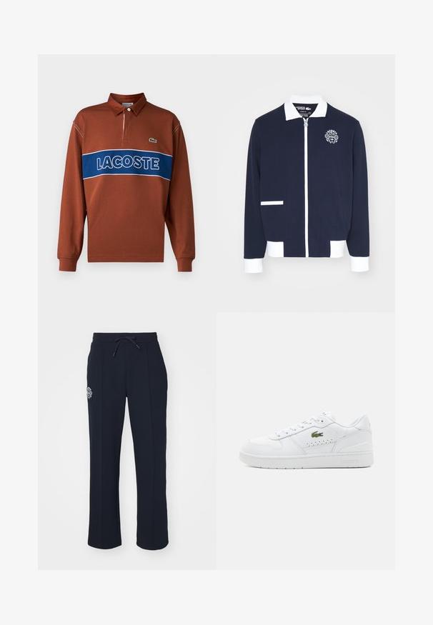 Jūros laivyno užtrauktuku užsegama striukė, pagaminta iš tekstūruoto audinio, su baltais akcentais, apykakle ir išsiuvinėtu teniso klubo logotipu kairėje krūtinės pusėje.; Ilgųjų rankovių polo marškiniai rudi su mėlyna horizontalia juostele, ant kurios yra balti "LACOSTE" užrašai. Su apykakle ir žalia logotipo detale.; Tamsiai mėlynos sportinės kelnės, pagamintos iš švelnaus audinio, su raišteliu liemens srityje ir šoninėmis klostėmis. Ant kairiojo šlaunies yra mažas siuvinėtas logotipas.; Baltos odinės sportbačiai su perforuotais akcentais, plokščiais raišteliais ir mažu žaliu logotipu šone. Guminis padas ir paminkštintas apykaklė komfortui.