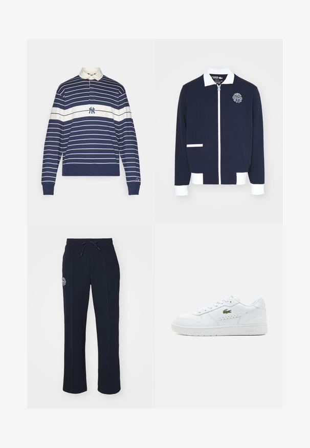 Ναυτικού χρώματος ζακέτα με φερμουάρ, κατασκευασμένη από υφασμάτινο υλικό με υφή, διαθέτοντας λευκά αξεσουάρ, γιακά και κεντημένο λογότυπο τένις στην αριστερή πλευρά του στήθους.; Μπλούζα πόλο με μακριά μανίκια σε ναυτικό μπλε και λευκές ρίγες, με λευκό γιακά και κεντητό λογότυπο στο στήθος; ριμπ μανσέτες και στρίφωμα.; Σκούρο μπλε φόρμες φτιαγμένες από μαλακό ύφασμα, με ελαστική μέση και πλαϊνές πιέτες. Περιλαμβάνει ένα μικρό κεντημένο λογότυπο στο αριστερό μηρό.; Λευκά δερμάτινα sneakers με περφορε accents, επίπεδες κορδόνια και μικρό πράσινο λογότυπο στο πλάι. Ελαστική σόλα και μαξιλαρωμένος γιακάς για άνεση.