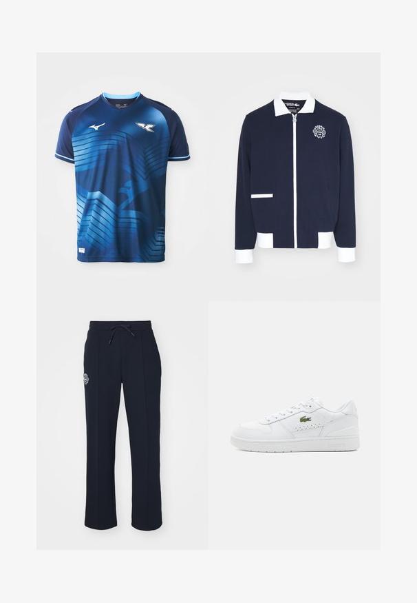 Tengerészeti zipzáros kabát struktúrált anyagból, fehér díszítésekkel, gallérral és hímzett teniszklub logóval a bal mellrészen.; Kék sportmez poliészterből. A dizájnja gradiens mintás, vízszintes csíkokkal és logóval a mellkason. V-alakú nyakkivágás és rövid ujjú.; Sötétkék melegítőnadrág puha anyagból, húzózsinórral ellátott derékkal és oldalvarrásokkal. Bal combon egy kis hímzett logó található.; Fehér bőr sportcipők perforált részletekkel, lapos fűzőkkel, és egy kis zöld logóval az oldalon. Gumitalp és párnázott gallér a kényelem érdekében.
