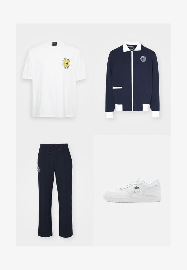 Giacca navy con zip realizzata in tessuto testurizzato, con accenti bianchi, colletto e logo ricamato di un club di tennis sul lato sinistro del petto.; T-shirt bianca in cotone con colletto rotondo, maniche corte e una grafica di girasole con la scritta "SUNNIES POOL BAR" sul lato sinistro del petto.; Pantaloni della tuta blu navy realizzati in tessuto morbido, con vita regolabile tramite cordoncino e pieghe laterali. Presentano un piccolo logo ricamato sulla coscia sinistra.; Sneaker bianche in pelle con dettagli perforati, lacci piatti e un piccolo logo verde sul lato. Suola in gomma e collare imbottito per il comfort.