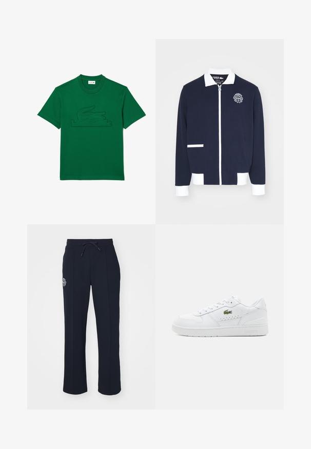 Chaqueta navy con cremallera hecha de tejido texturizado, con detalles en blanco, un collar y un logo bordado de un club de tenis en el lado izquierdo del pecho.; Lacoste Camiseta estampada - vert cnq; Pantalones de chándal azul marino hechos de una tela suave, con cintura ajustable mediante cuerda y pliegues laterales. Incluye un pequeño logo bordado en el muslo izquierdo.; Zapatillas de cuero blancas con acentos perforados, cordones planos y un pequeño logo verde en el lateral. Suela de goma y cuello acolchado para mayor comodidad.